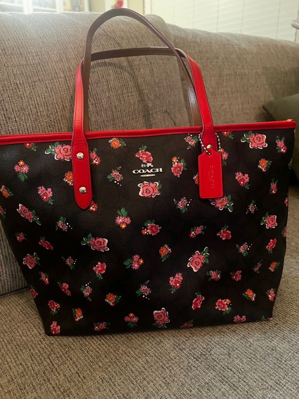 Genuine COACH Black Floral Tote with Red and Rose Trim